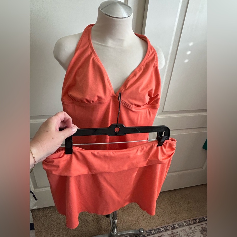 J CREW Two-Piece Tangerine Swim: Tie-Back D-CupnTankinin & Skirted Bottom, Sz XL